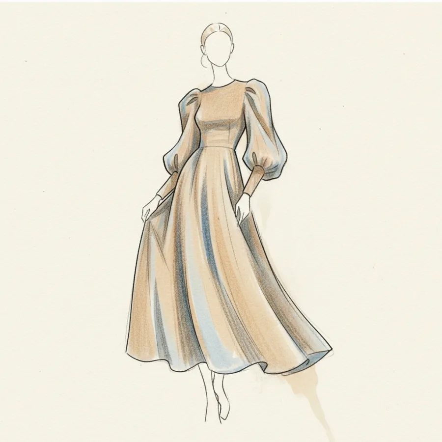 Vestido midi romântico com manga bufante — conceito